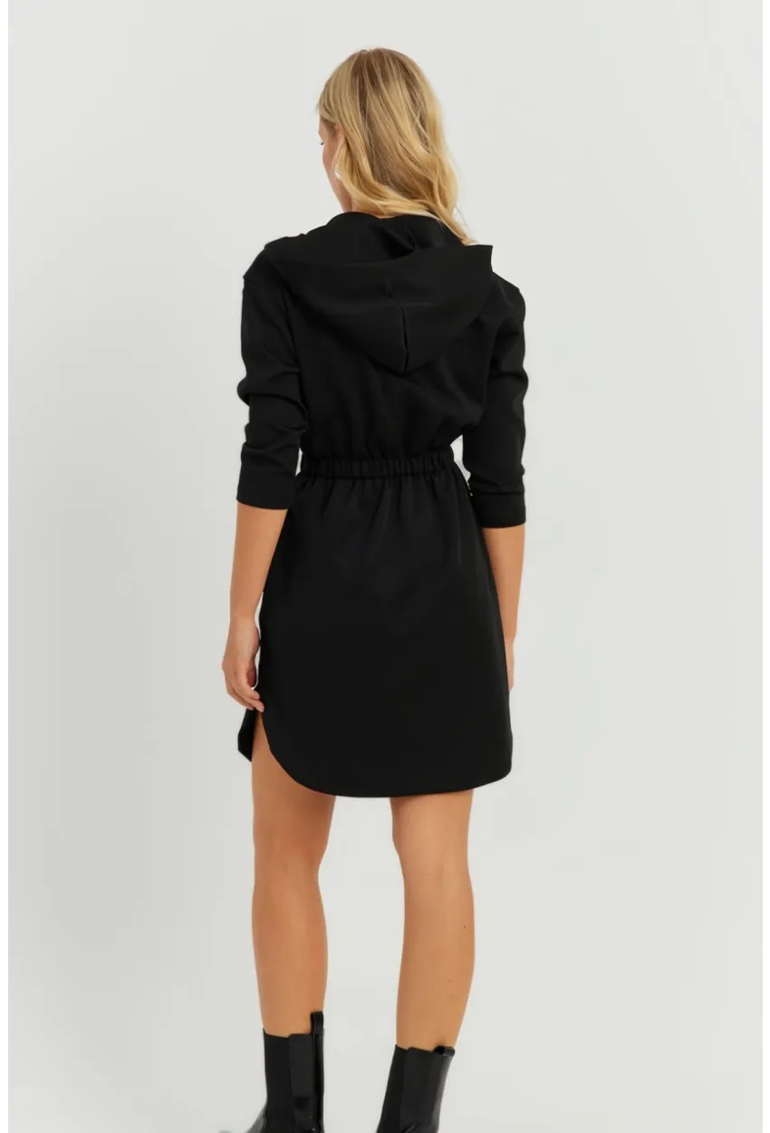 Kadın Siyah Kapüşonlu Skuba Mini  Elbise KED4104