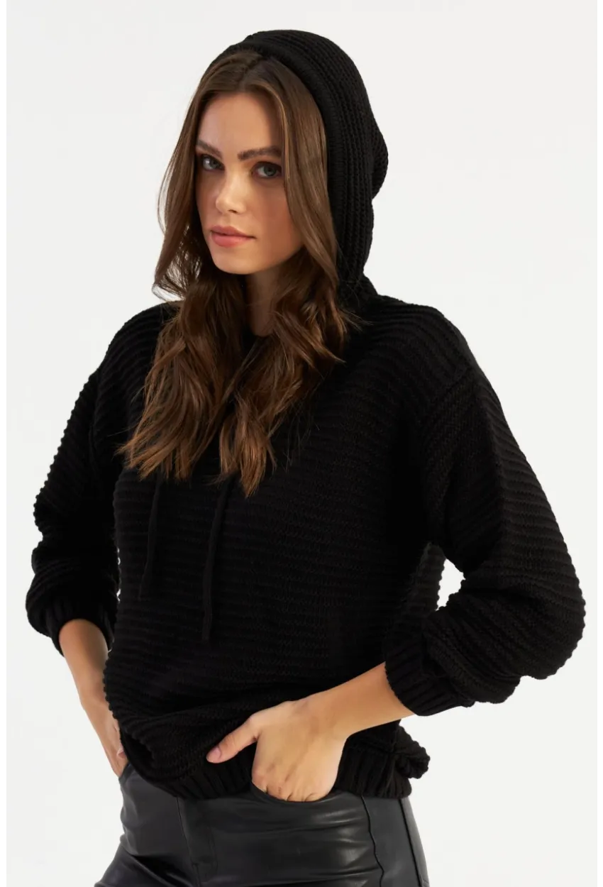 Kadın Siyah Kapüşonlu Triko Bluz SMT2419