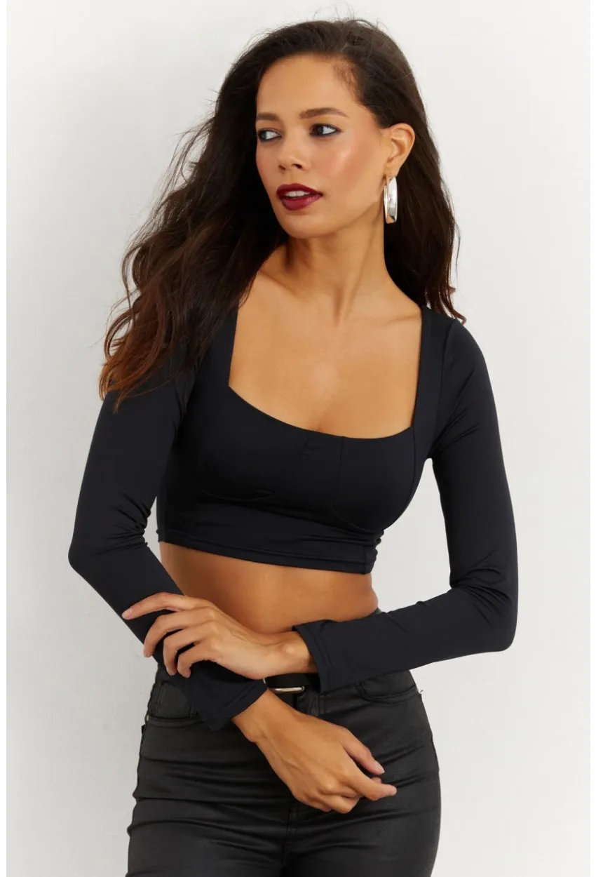 Kadın Siyah Kare Yaka Crop Bluz CG263