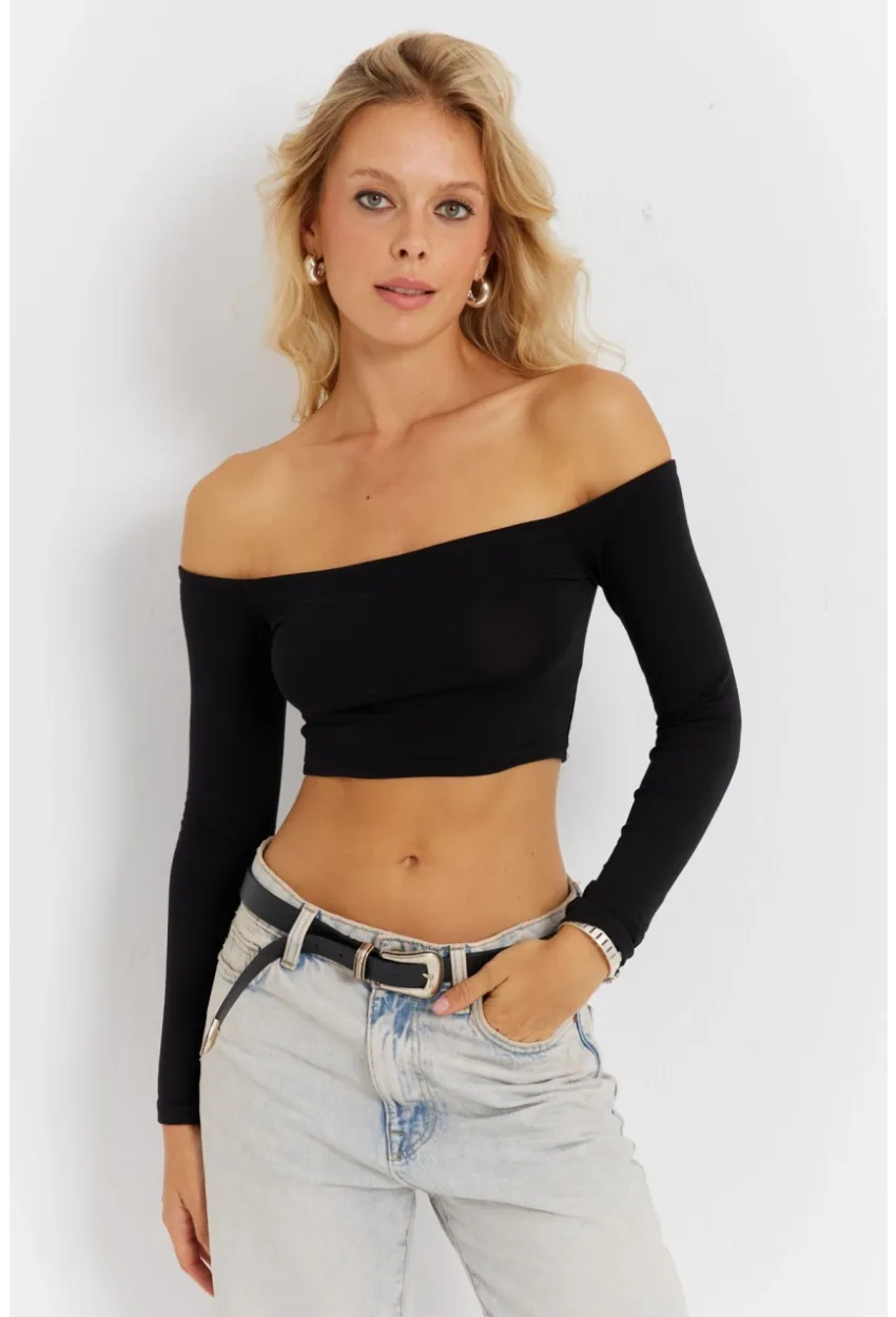 Kadın Siyah Kare Yaka Crop Bluz CG364