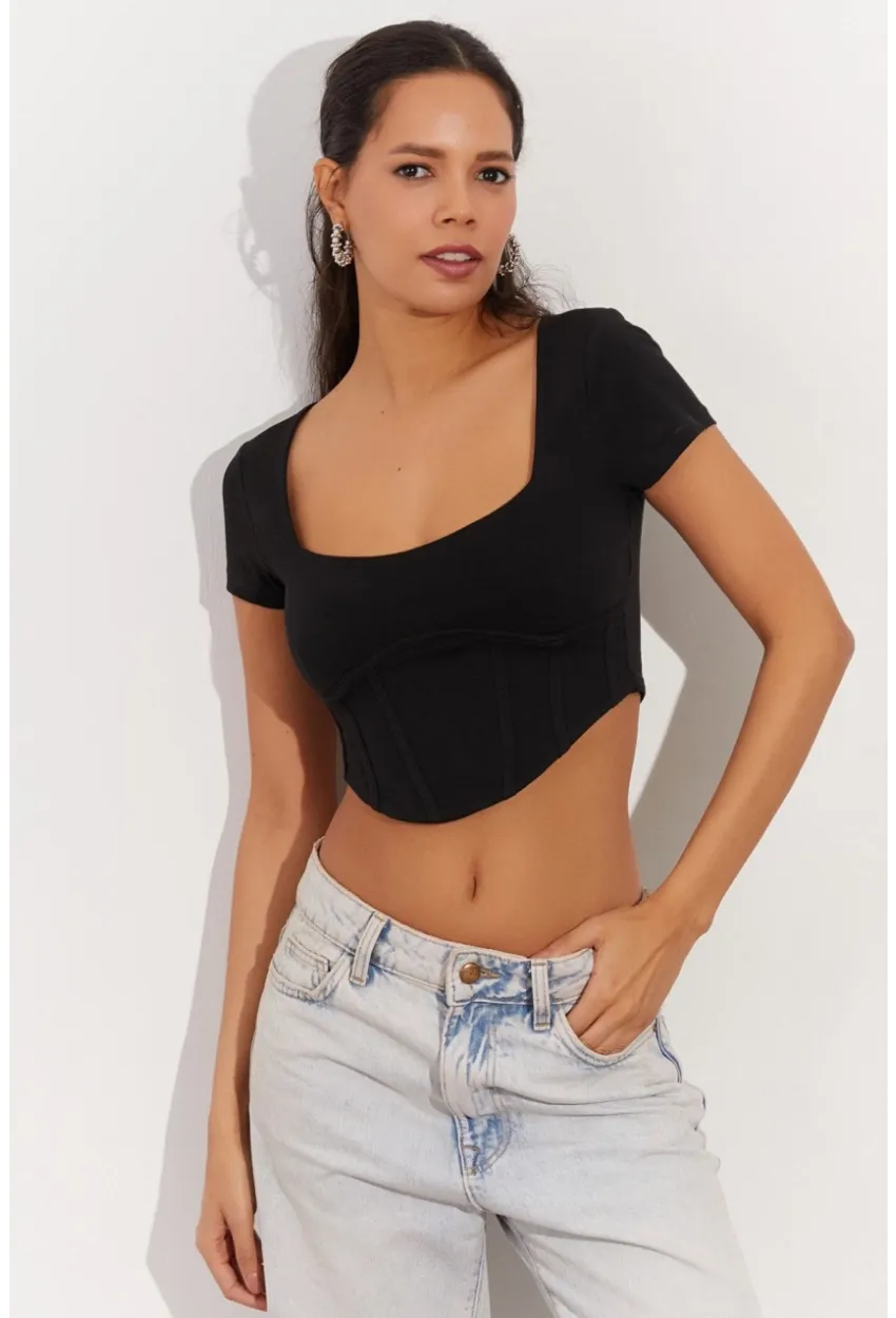 Kadın Siyah Kare Yaka Crop Bluz RX420