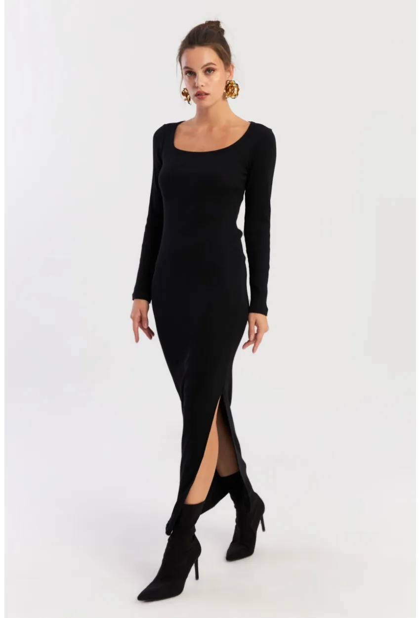 Kadın Siyah Kare Yaka Maxi Elbise XL2211