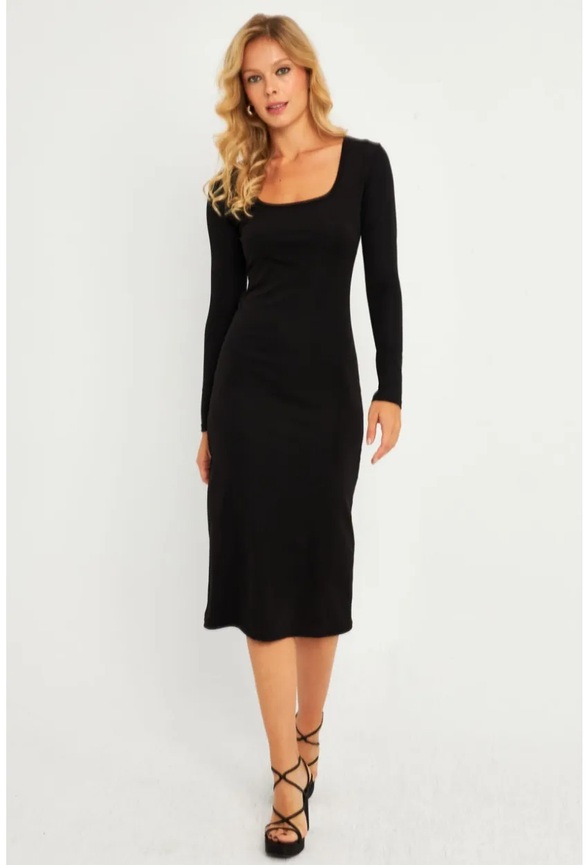 Kadın Siyah Kare Yaka Midi Elbise CG382