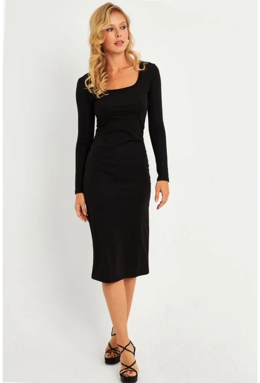 Kadın Siyah Kare Yaka Midi Elbise CG382