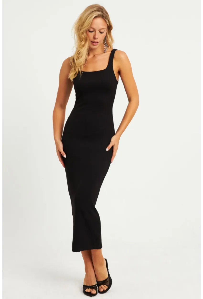 Kadın Siyah Kare Yaka Midi Elbise DMR295