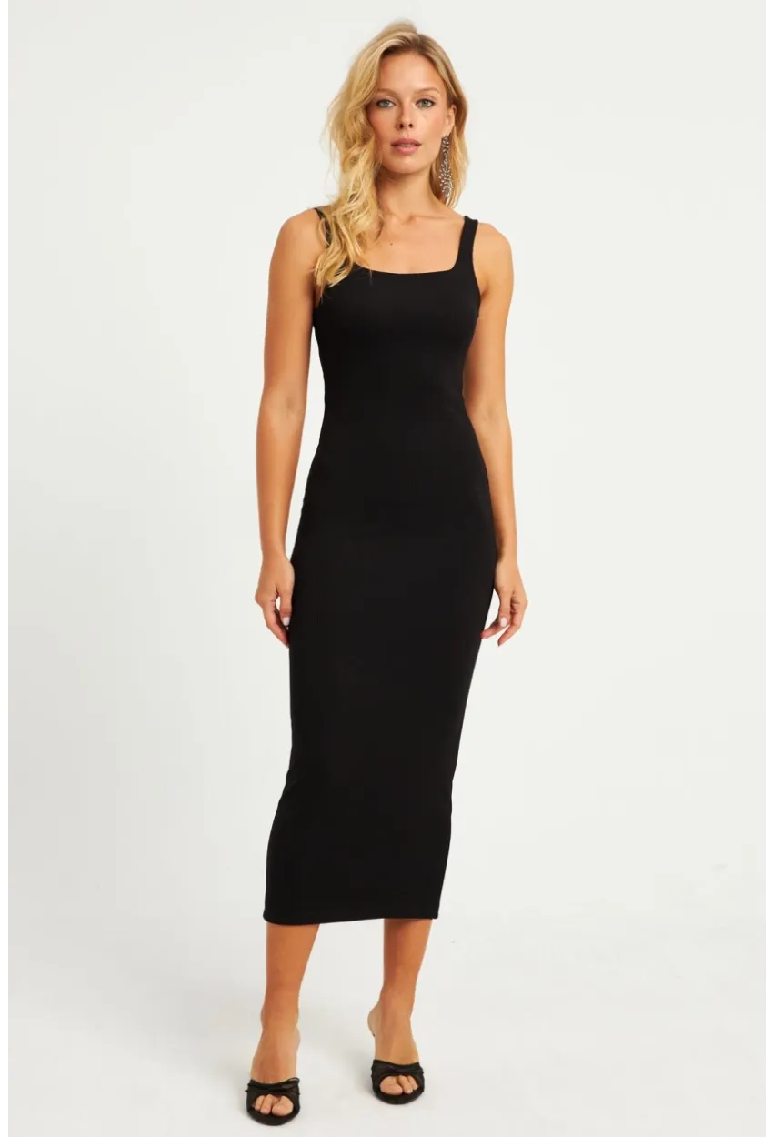 Kadın Siyah Kare Yaka Midi Elbise DMR295