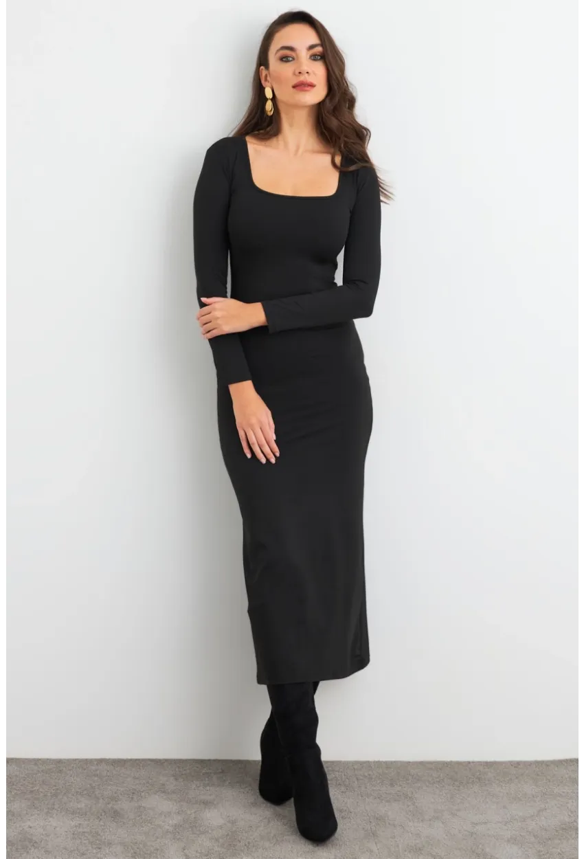 Kadın Siyah Kare Yaka Midi Elbise XC8102