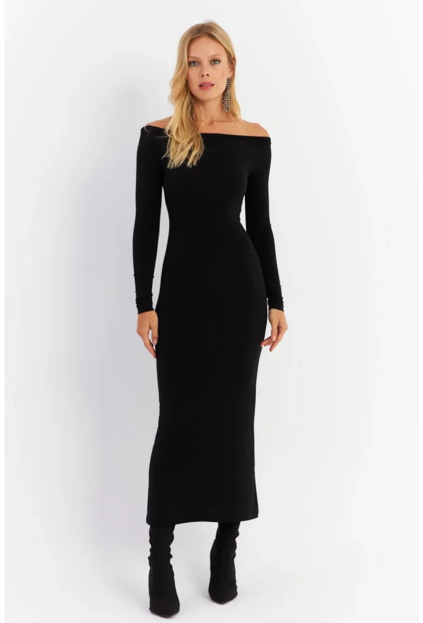 Kadın Siyah Kayık Yaka Maxi Yılbaşı Elbise HOR03