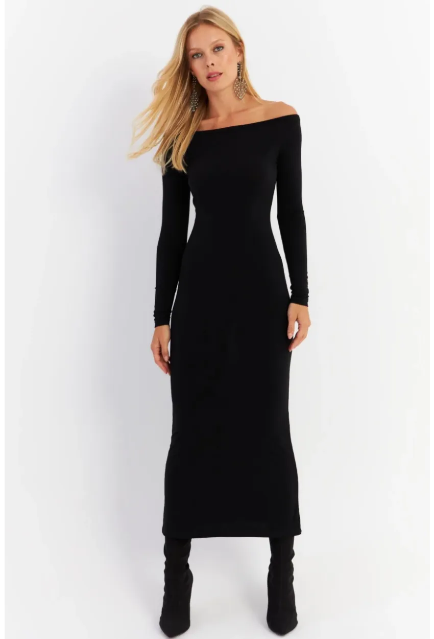 Kadın Siyah Kayık Yaka Maxi Yılbaşı Elbise HOR03