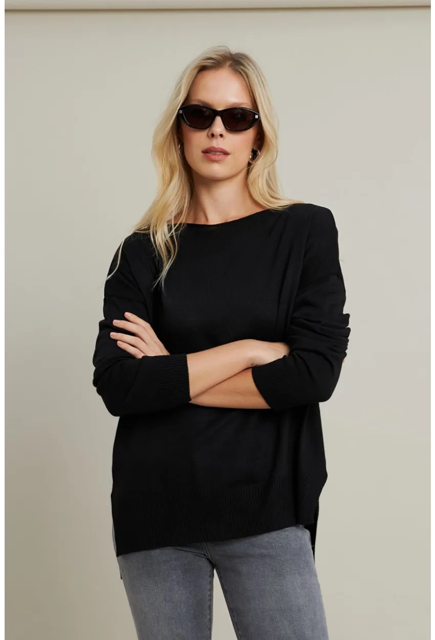 Kadın Siyah Kayık Yaka Triko Bluz YİL561