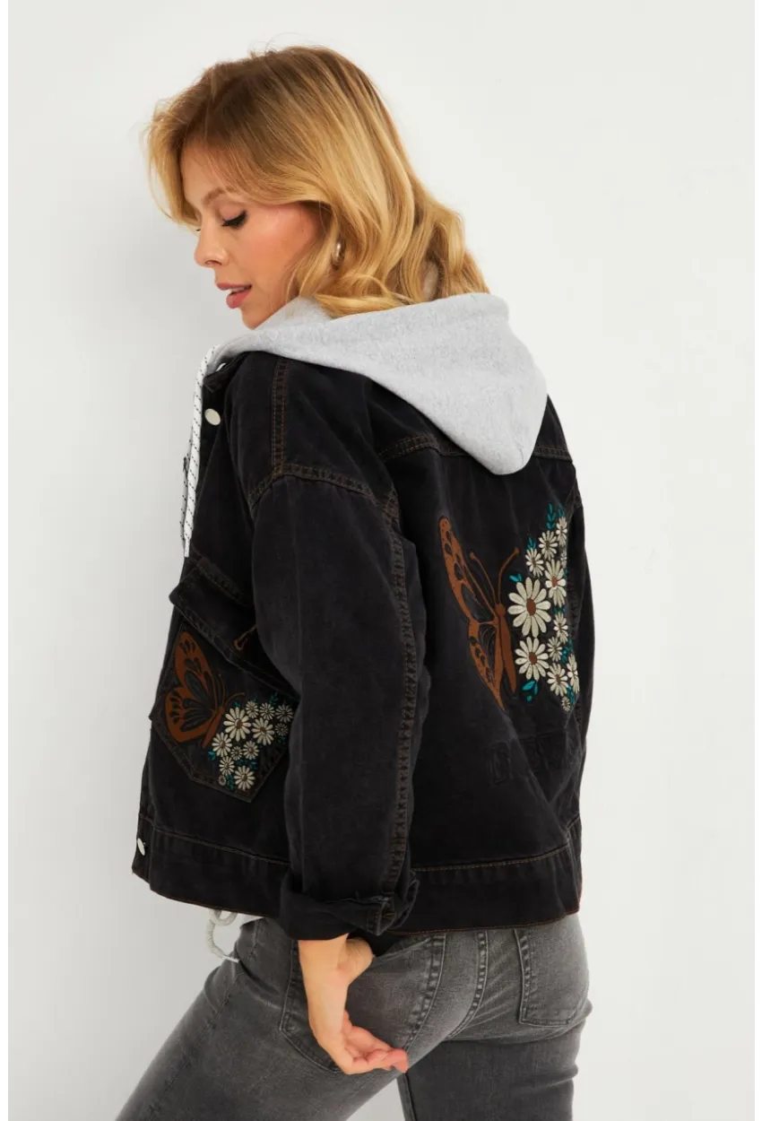 Kadın Siyah Kelebek Nakışlı Kapüşonlu Kot Ceket İS423