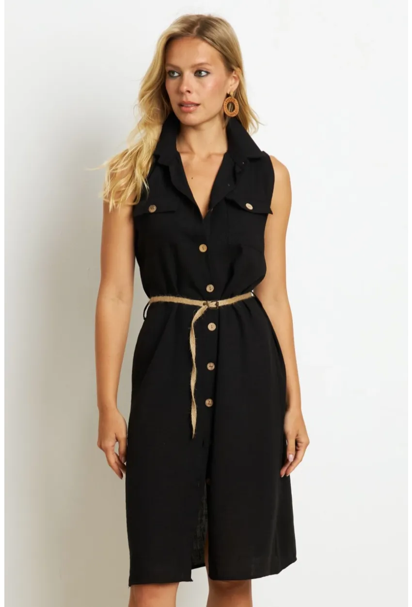 Kadın Siyah Kemerli Gömlek Midi Elbise SGT404