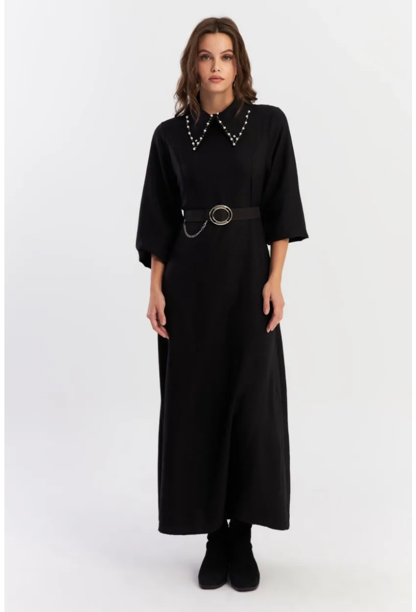 Kadın Siyah Kemerli İncili Maxi Elbise ALZ341