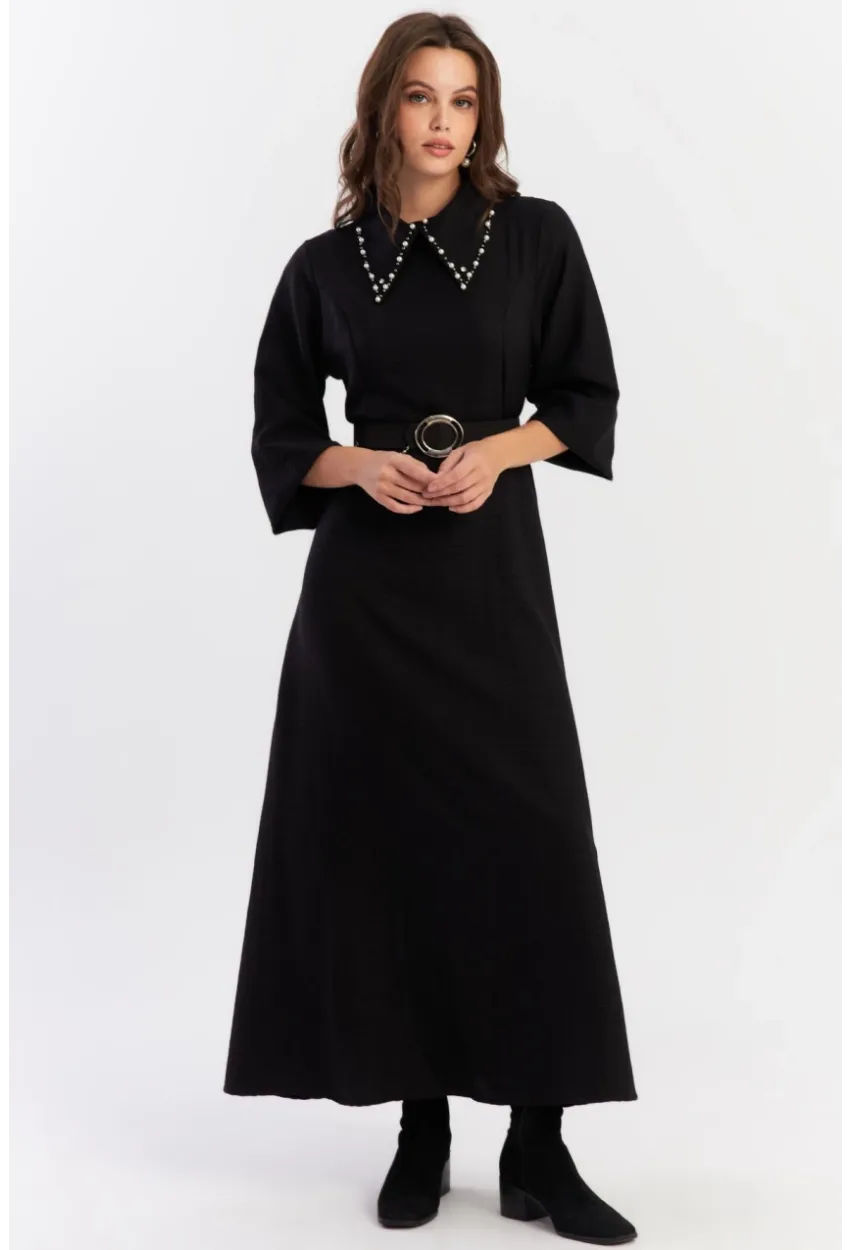 Kadın Siyah Kemerli İncili Maxi Elbise ALZ341