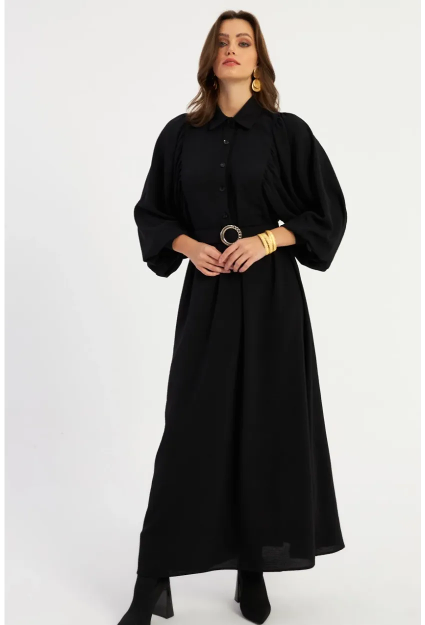 Kadın Siyah Kemerli Maxi Elbise MASF15