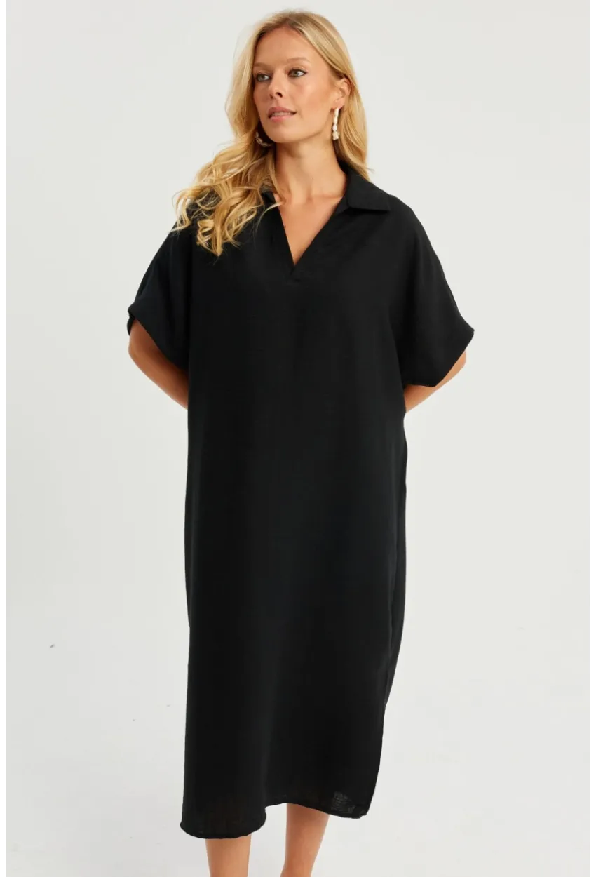 Kadın Siyah Keten Midi Elbise DMR85