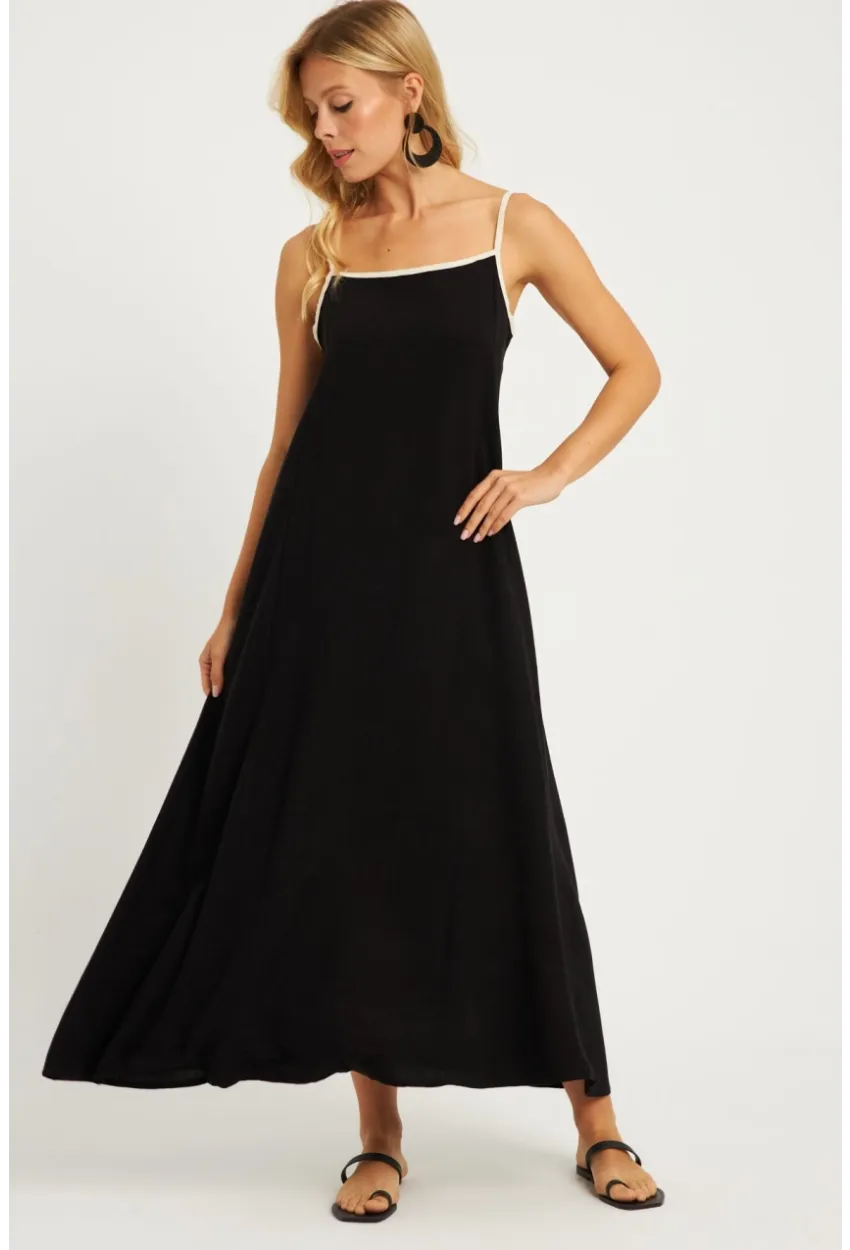 Kadın Siyah Keten Midi Elbise GÇ174