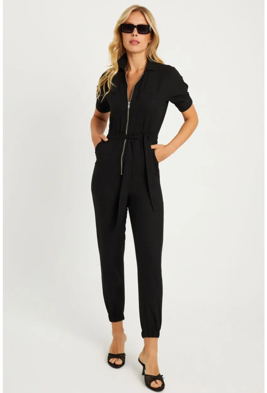 Kadın Siyah Keten Tulum YLE608