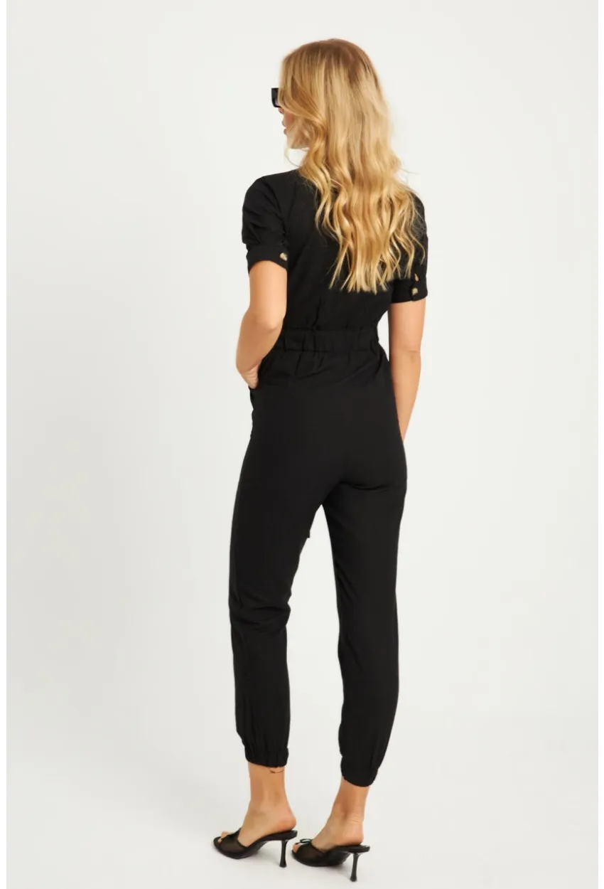 Kadın Siyah Keten Tulum YLE608