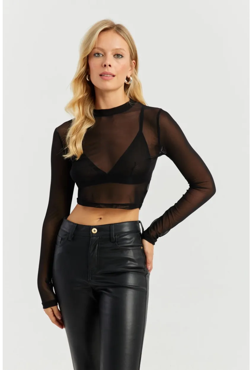 Kadın Siyah Kısa Tül Bluz MEN2027