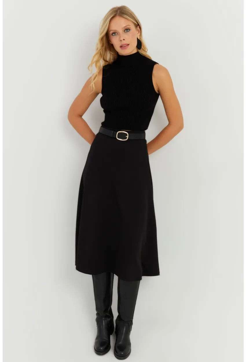 Kadın Siyah Kloş Midi Etek LV173