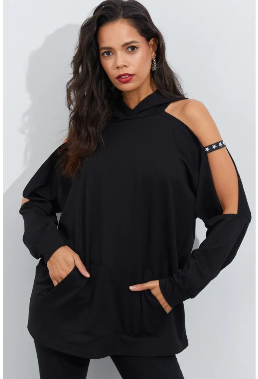 Kadın Siyah Kolları Açık Kapüşonlu Sweatshirt Yİ2356
