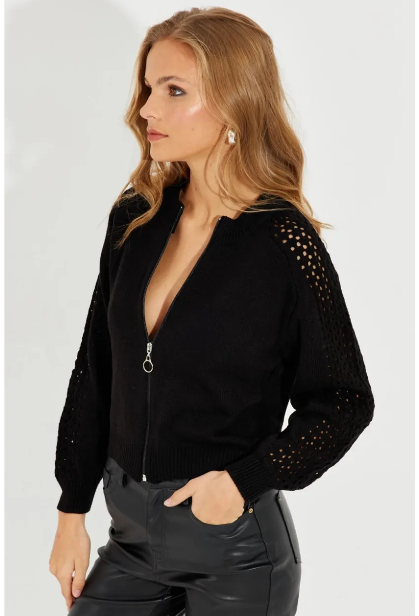 Kadın Siyah Kolları Ajurlu Fermuarlı Triko Ceket KZ2491