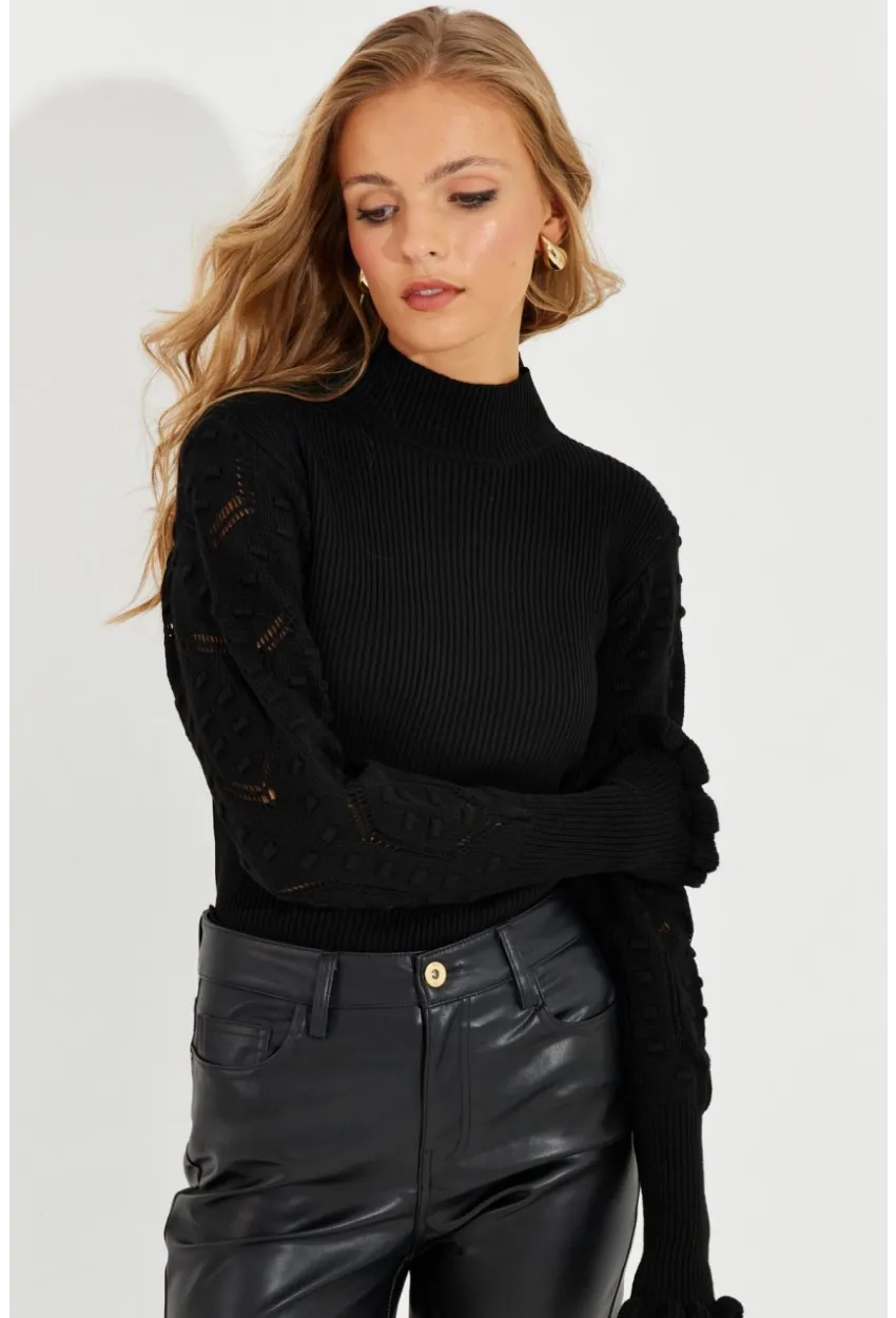 Kadın Siyah Kolları Ajurlu Triko Bluz SMT218