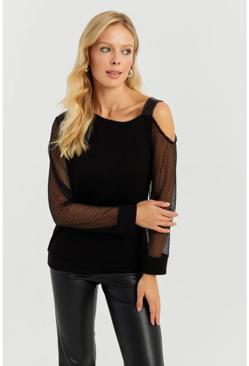 Kadın Siyah Kolları Dantel Bluz ST6022