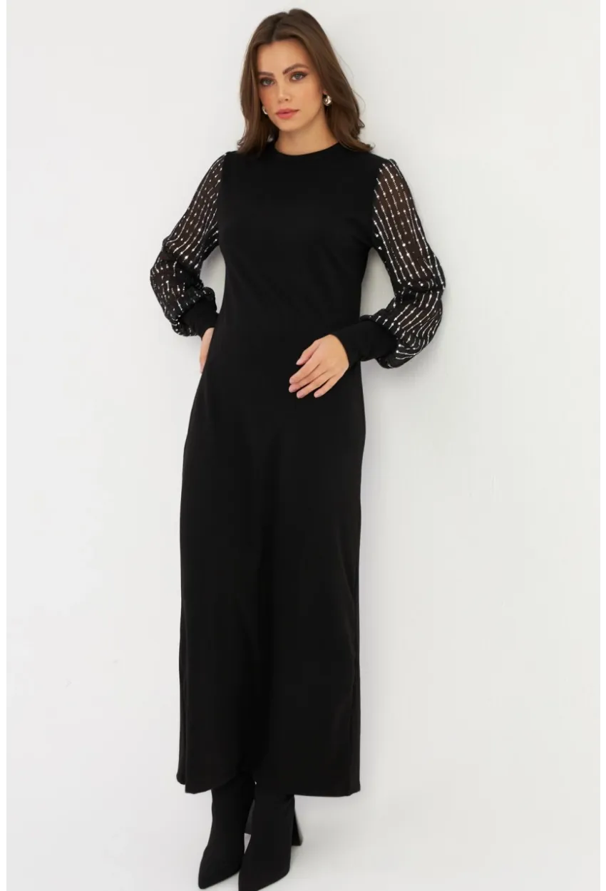 Kadın Siyah Kolları Parlak Tül Detaylı Maxi Elbise MBK56