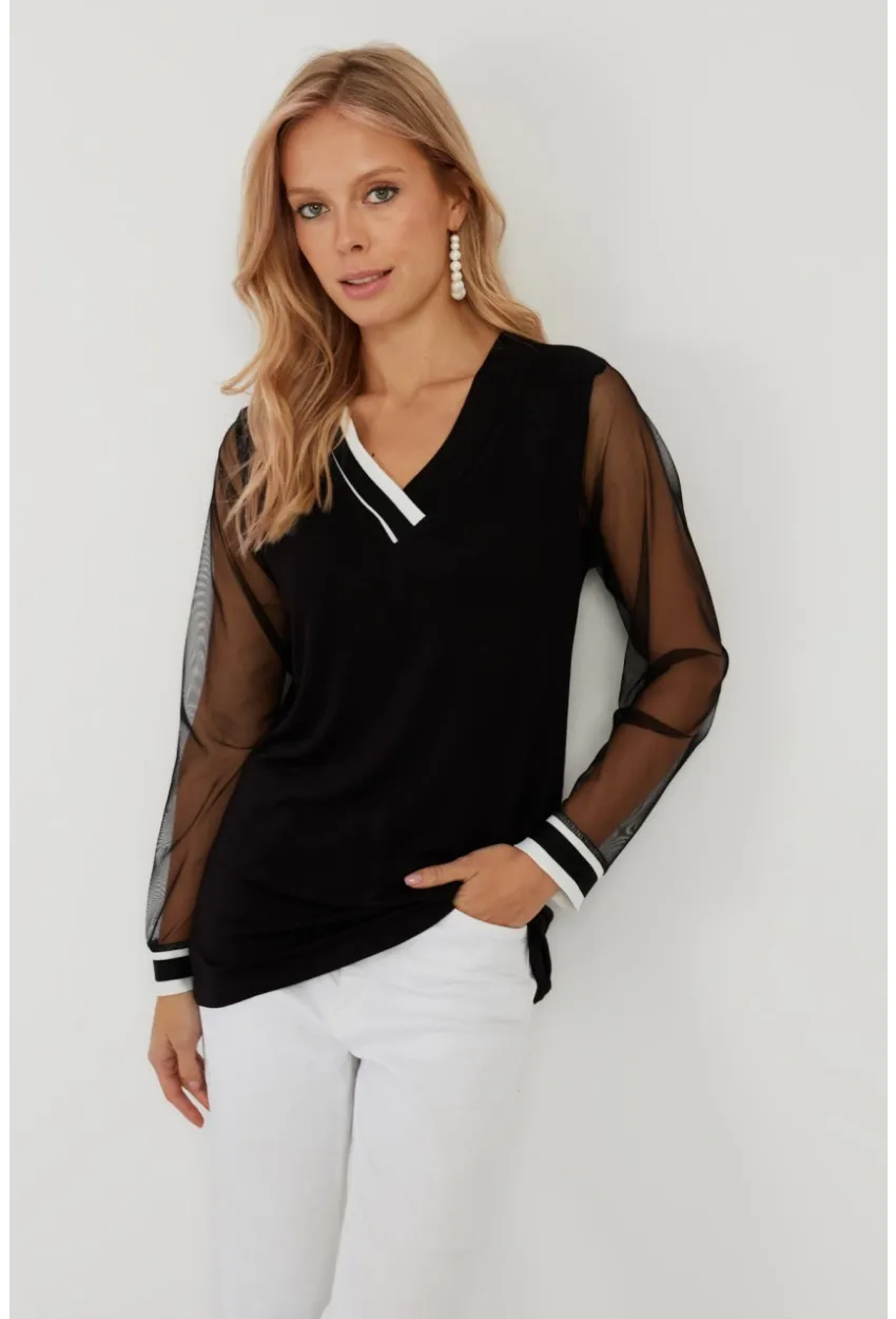 Kadın Siyah Kolları Tül Bluz ST832