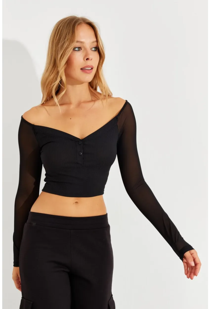 Kadın Siyah Kolları Tül Crop Bluz CG315
