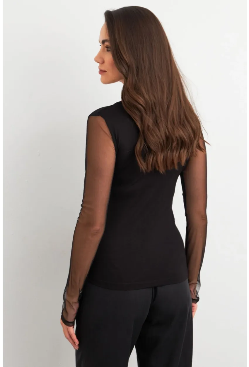 Kadın Siyah Kolları Tül Pencereli Bluz EY3021