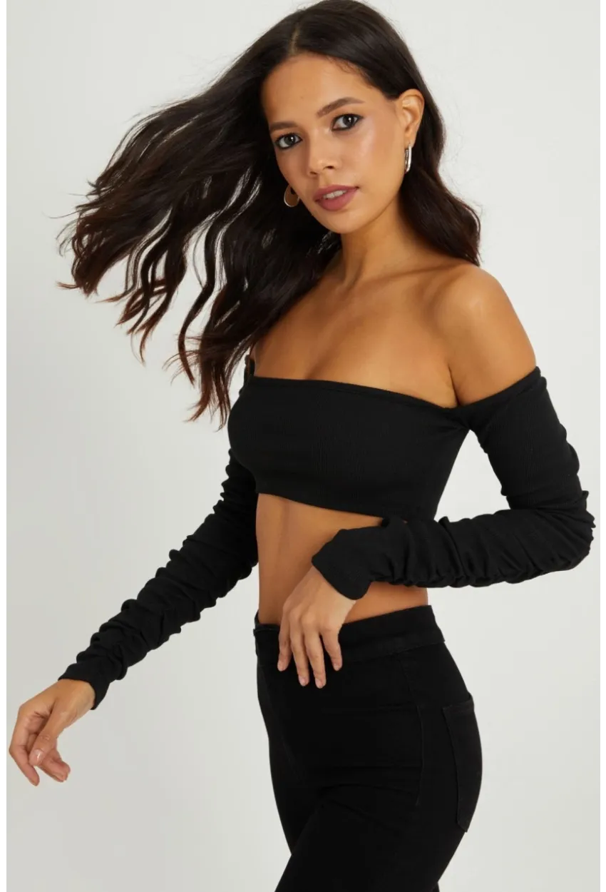 Kadın Siyah Kolu Büzgülü Crop Bluz B213