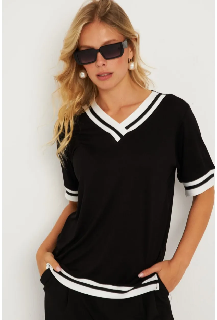 Kadın Siyah Kontrast Bluz ST836
