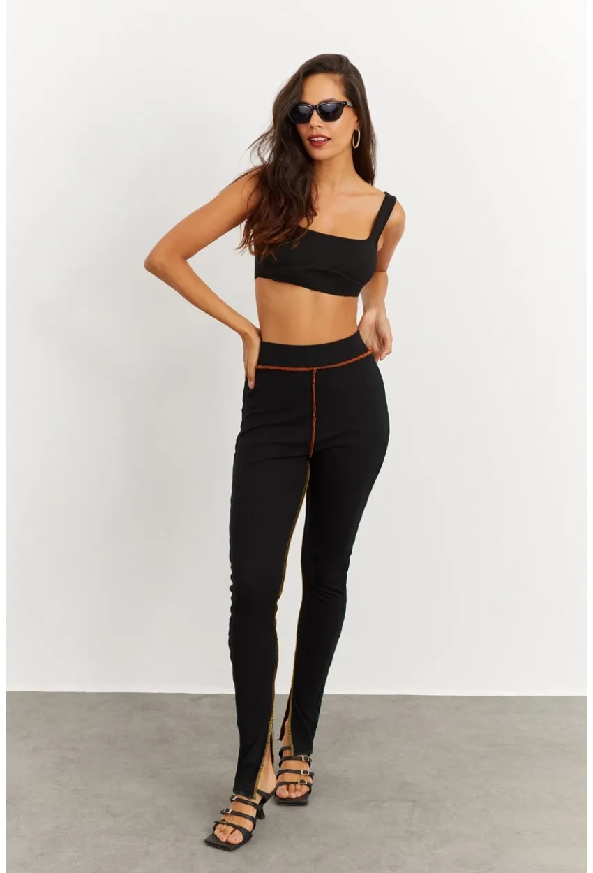 Kadın Siyah Kontrast Dikişli Kaşkorse Tayt B223