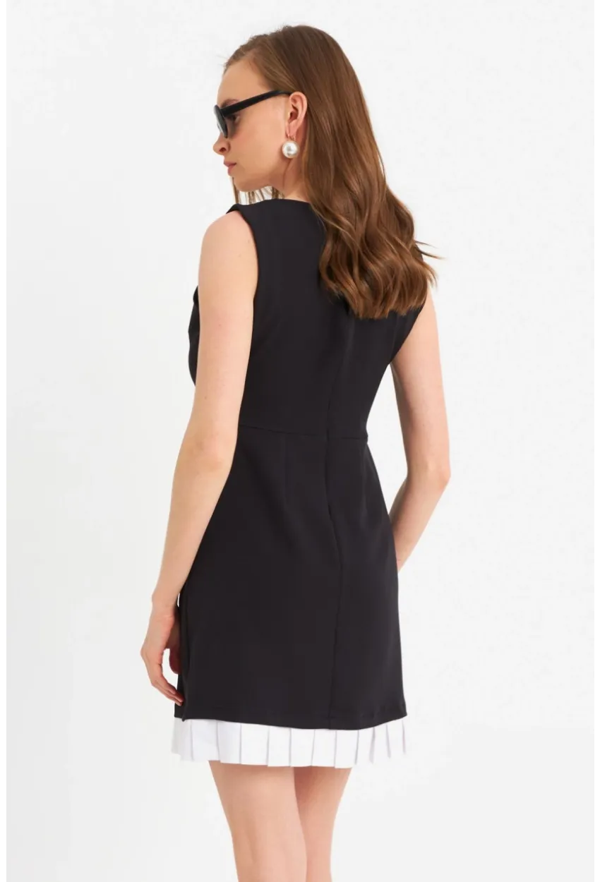 Kadın Siyah Kontrast Pileli Mini Elbise FRY100