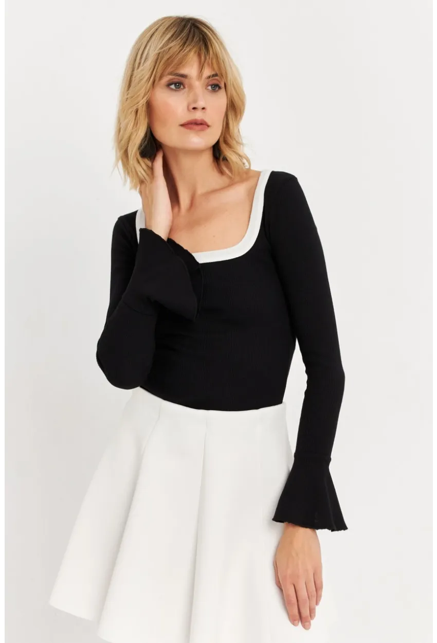Kadın Siyah Kontrast Yaka İspanyol Kol Bluz ALB3105