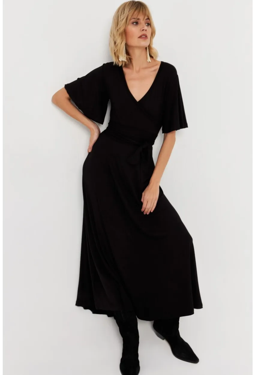 Kadın Siyah Kruvaze Bağlamalı Maxi Elbise EY3038