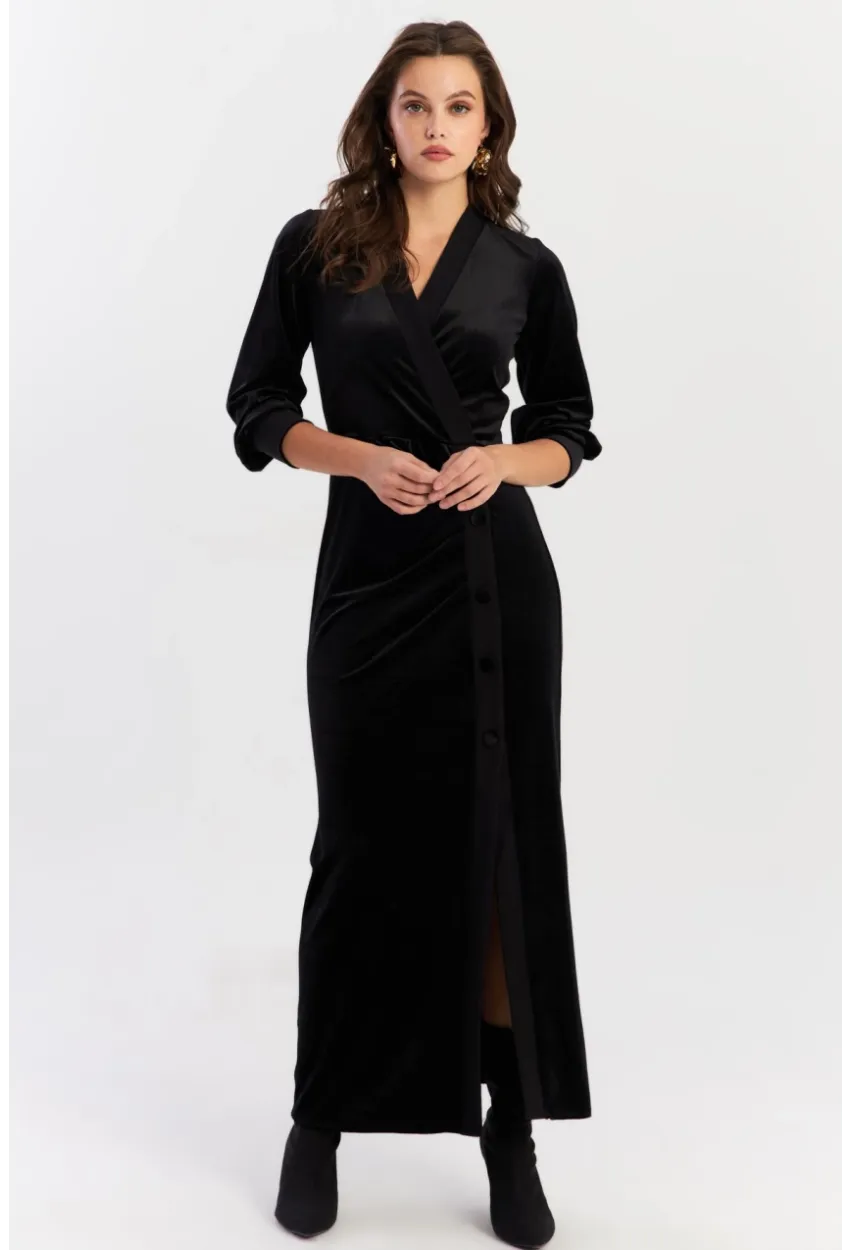 Kadın Siyah Kruvaze Büzgülü Kadife Maxi Elbise ALO1007