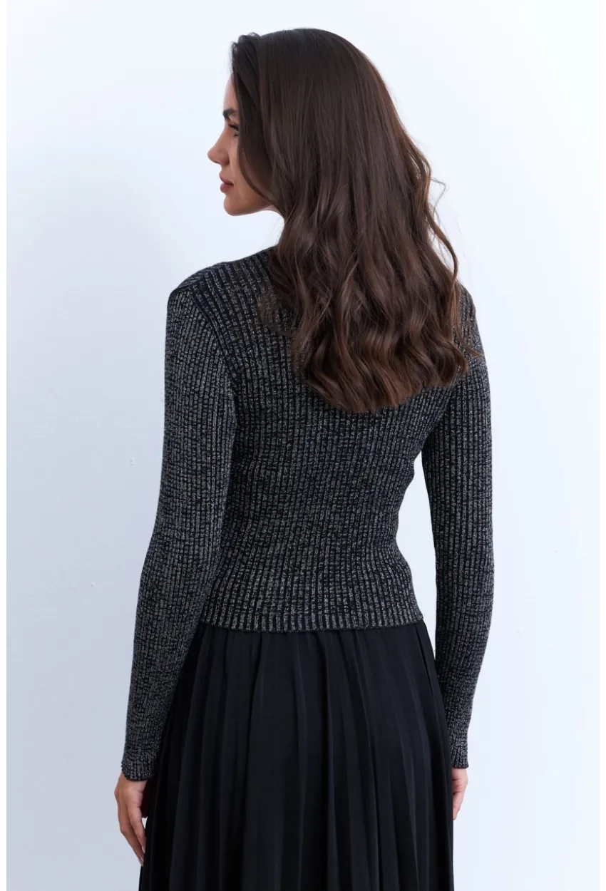 Kadın Siyah Kruvaze Büzgülü Simli Bluz KED173