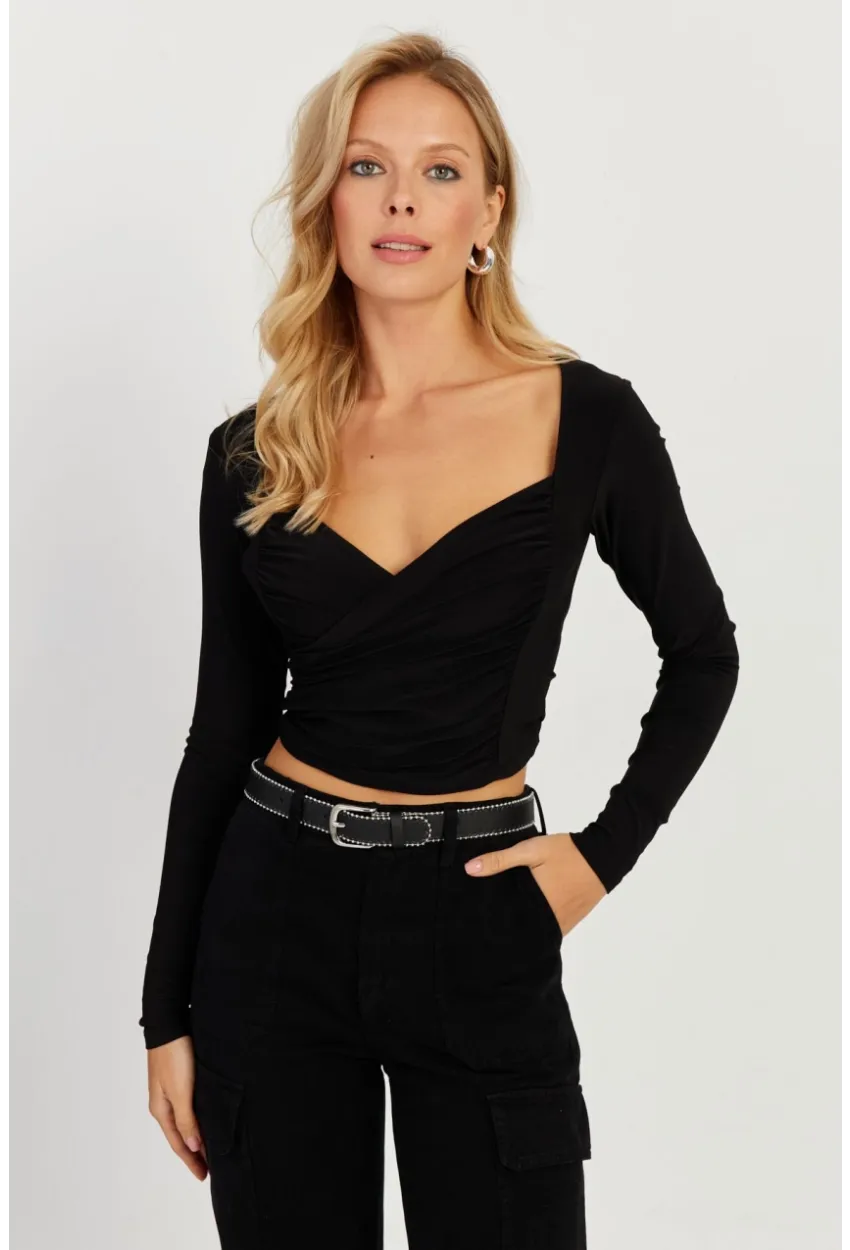 Kadın Siyah Kruvaze Crop Bluz LPP1252