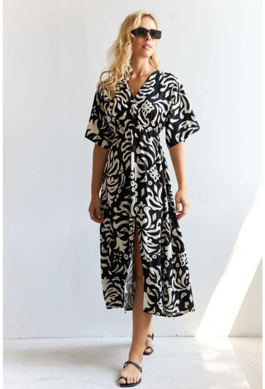 Kadın Siyah Kruvaze Desenli Midi Elbise YZ1152