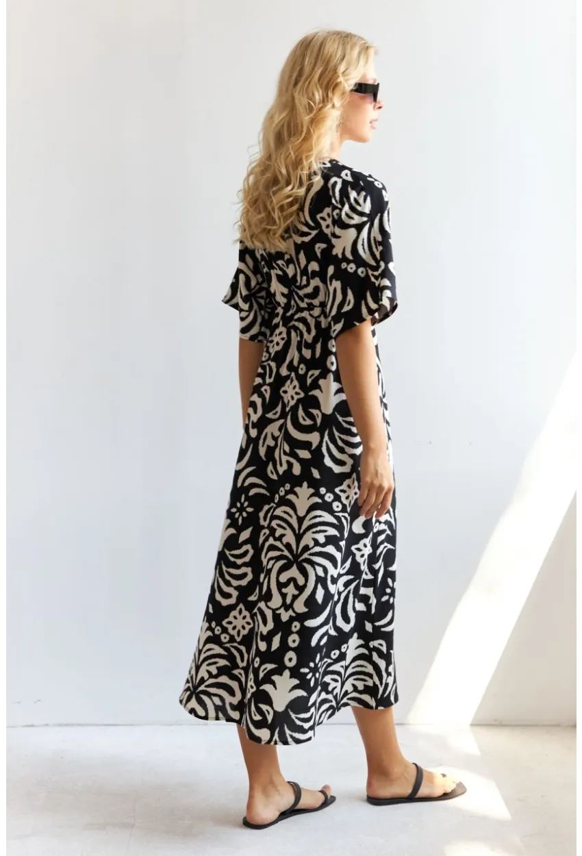 Kadın Siyah Kruvaze Desenli Midi Elbise YZ1152