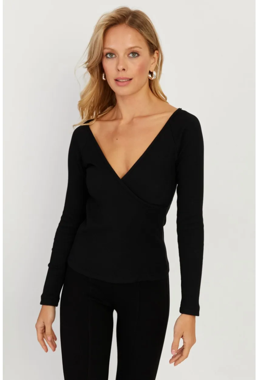 Kadın Siyah Kruvaze Kaşkorse Bluz EY2718