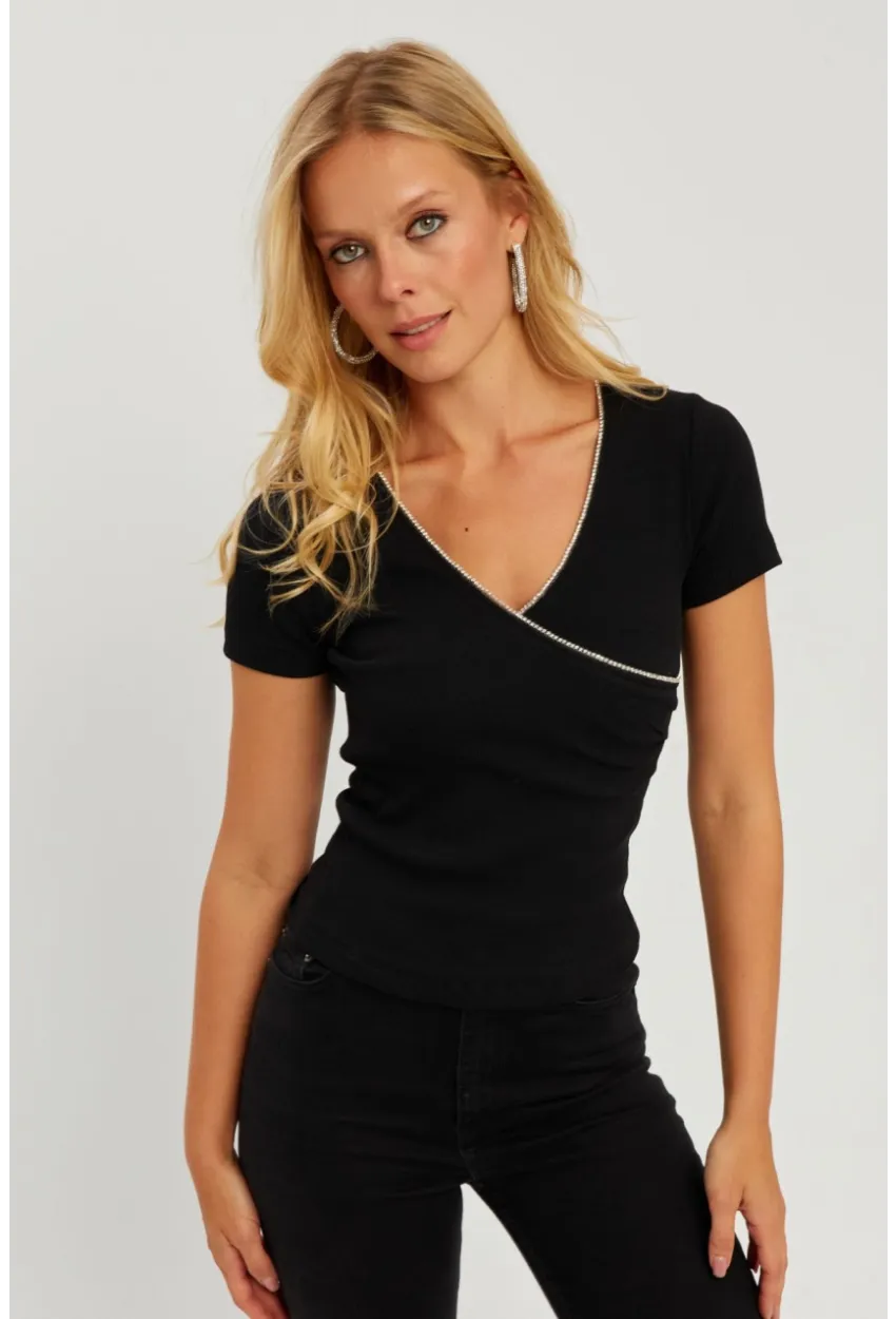 Kadın Siyah Kruvaze Kaşkorse Taşlı Bluz AYD306