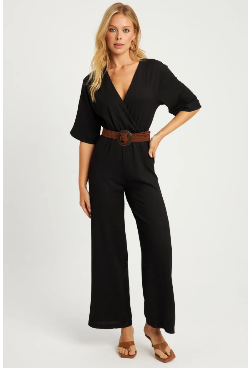 Kadın Siyah Kruvaze Kemerli Bürümcük Tulum XL2009