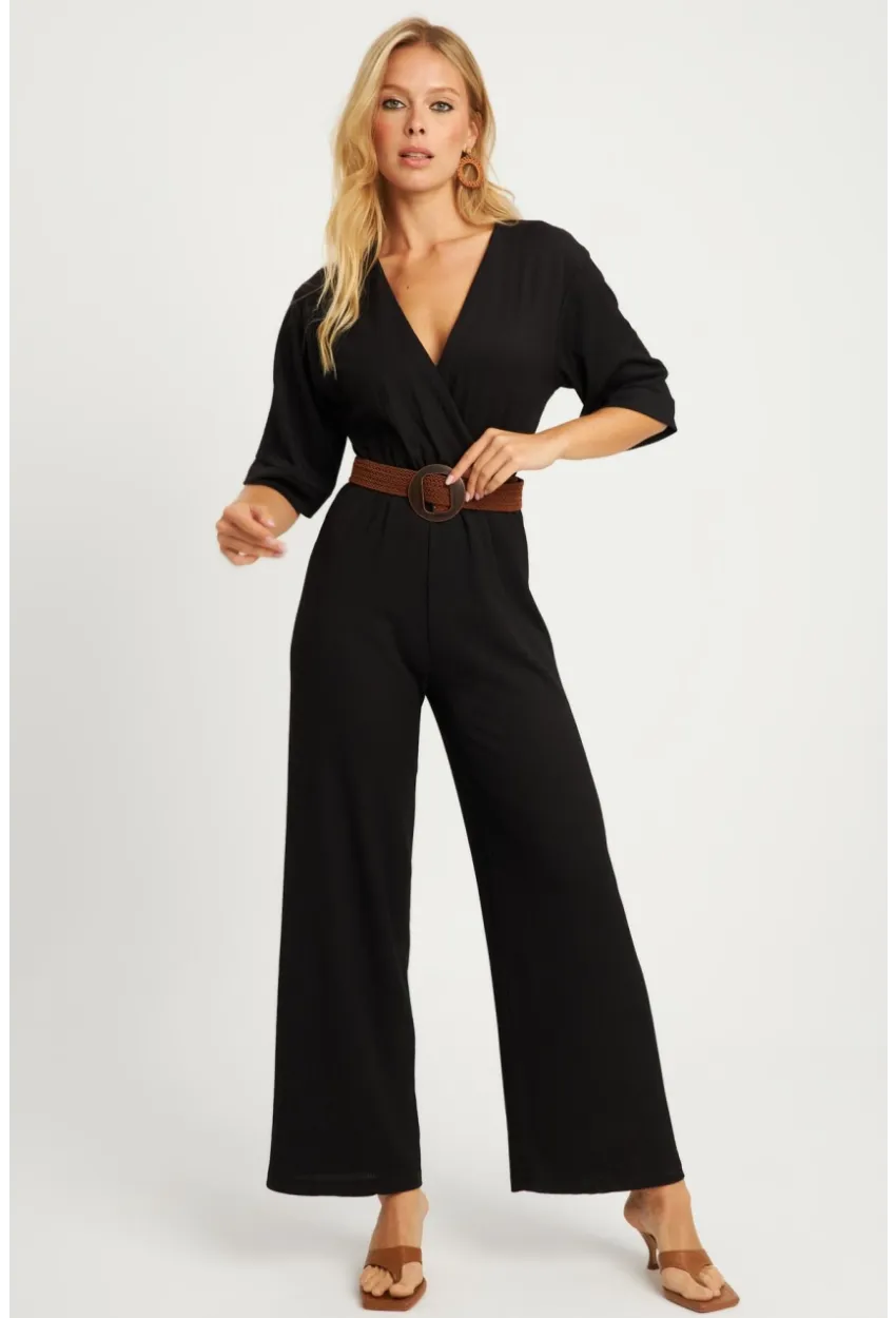 Kadın Siyah Kruvaze Kemerli Bürümcük Tulum XL2009