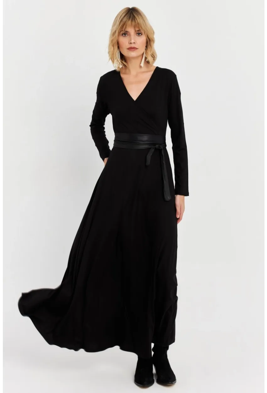 Kadın Siyah Kruvaze Maxi Elbise VTN3