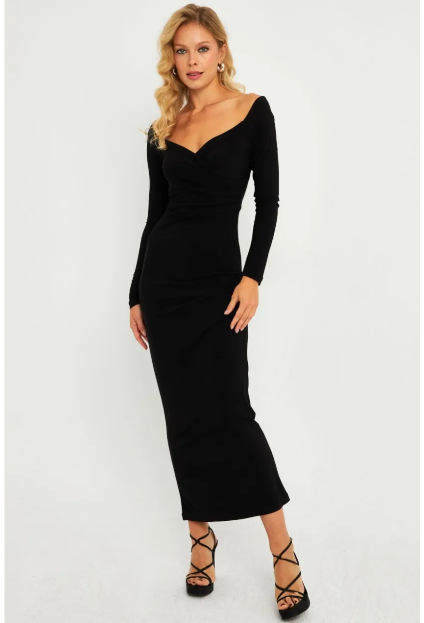 Kadın Siyah Kruvaze Midi Yılbaşı Elbise LİK04